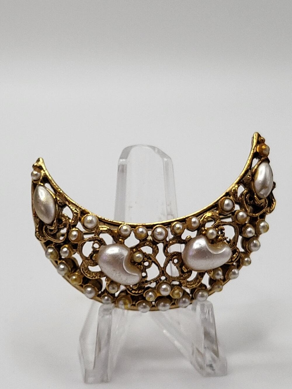 Florenza Crescent Moon Faux Pearl Brooch Approx 2 x 1.25 Inch Vintage